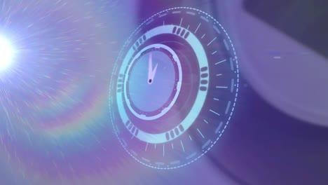 Animation-of-rotating-safe-lock-with-clock-over-light-trail-on-blurred-background