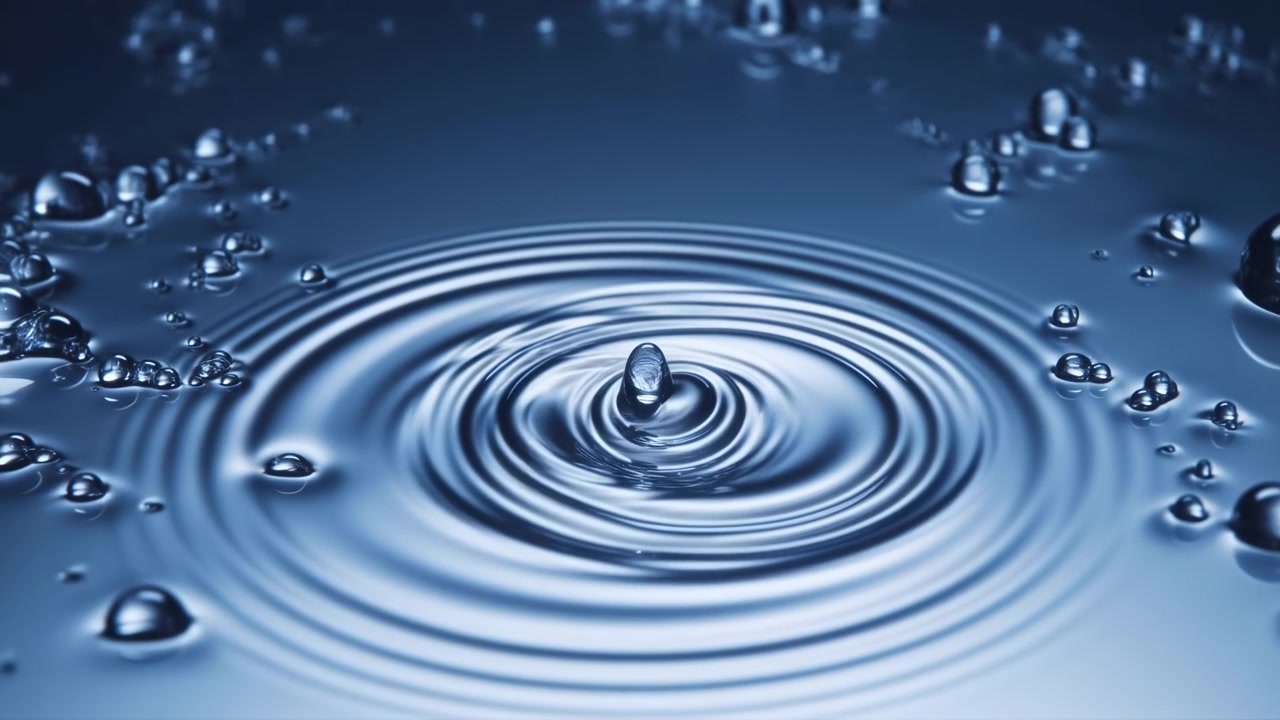 Primo piano dell'impatto di una goccia d'acqua con increspature concentriche e goccioline satelliti sospese a metà sequenza.