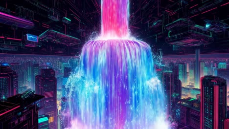la cascada de la ciudad cyberpunk de neón