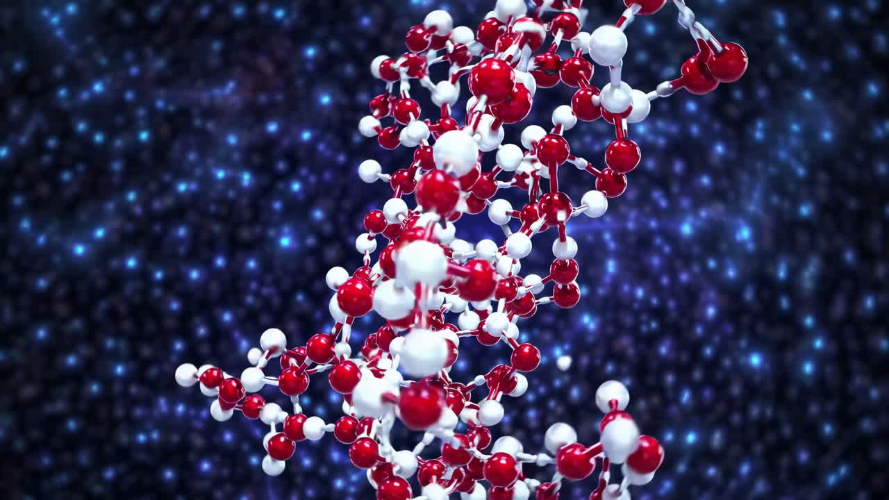 Dynamic video of a molecular structure with red and white spheres, captured from a close-up angle