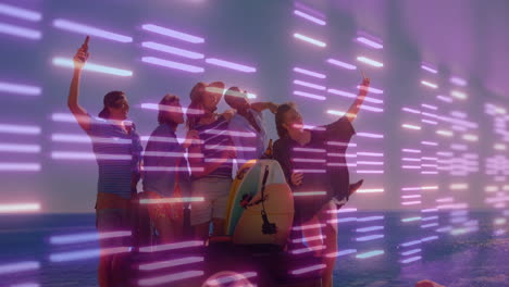 Group of friends taking selfies on beach with colorful light streaks animation
