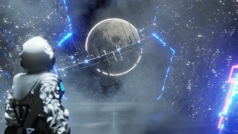 astronaut in spaceship admiring moon with scifi ring