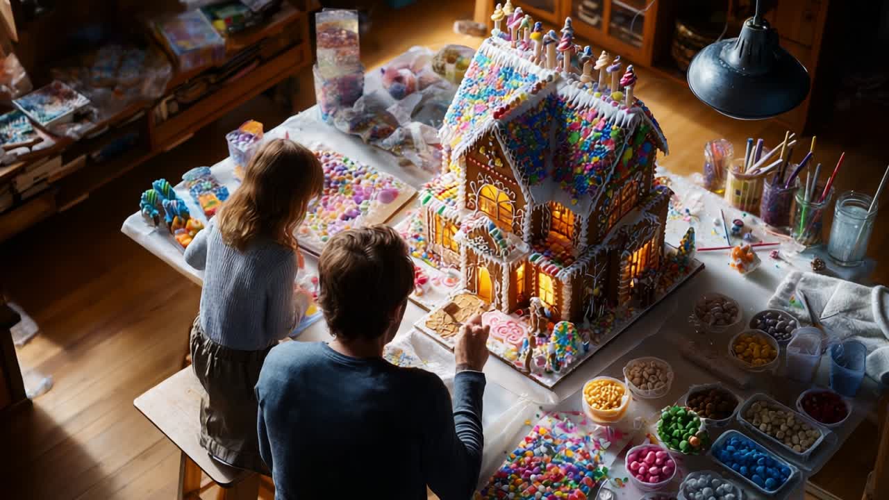 A Heartwarming Scene of Creativity: A Parent and Child Collaborating to Decorate a Gingerbread House Surrounded by Colorful Candies and Festive Decorations, Creating Lasting Memories Together