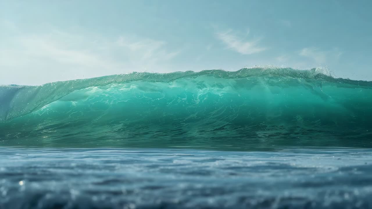 Approaching large breaking ocean wave steepening from distant swell near shore, foam spray rising