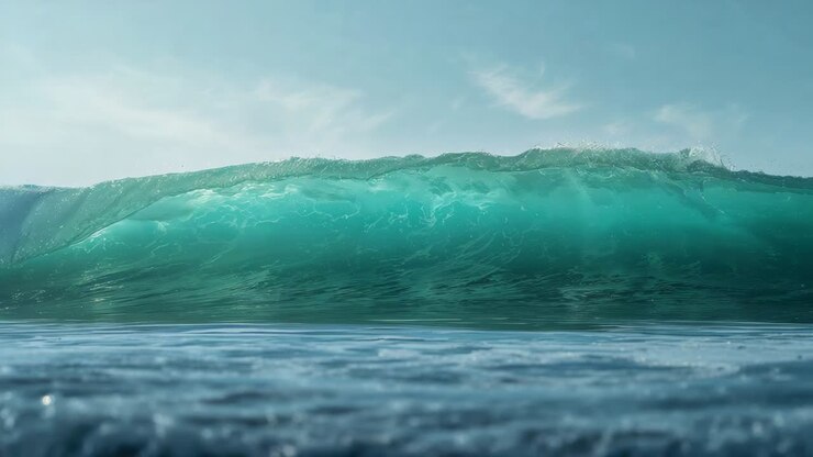 Approaching large breaking ocean wave steepening from distant swell near shore, foam spray rising