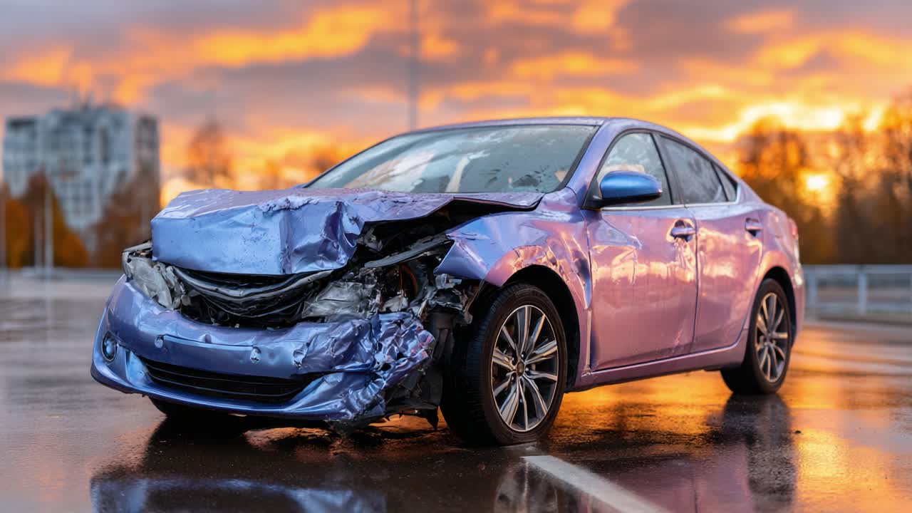 A damaged vehicle sits under a breathtaking sunset, showcasing the aftermath of a collision with crumpled metal and glistening wet surfaces in a reflective environment