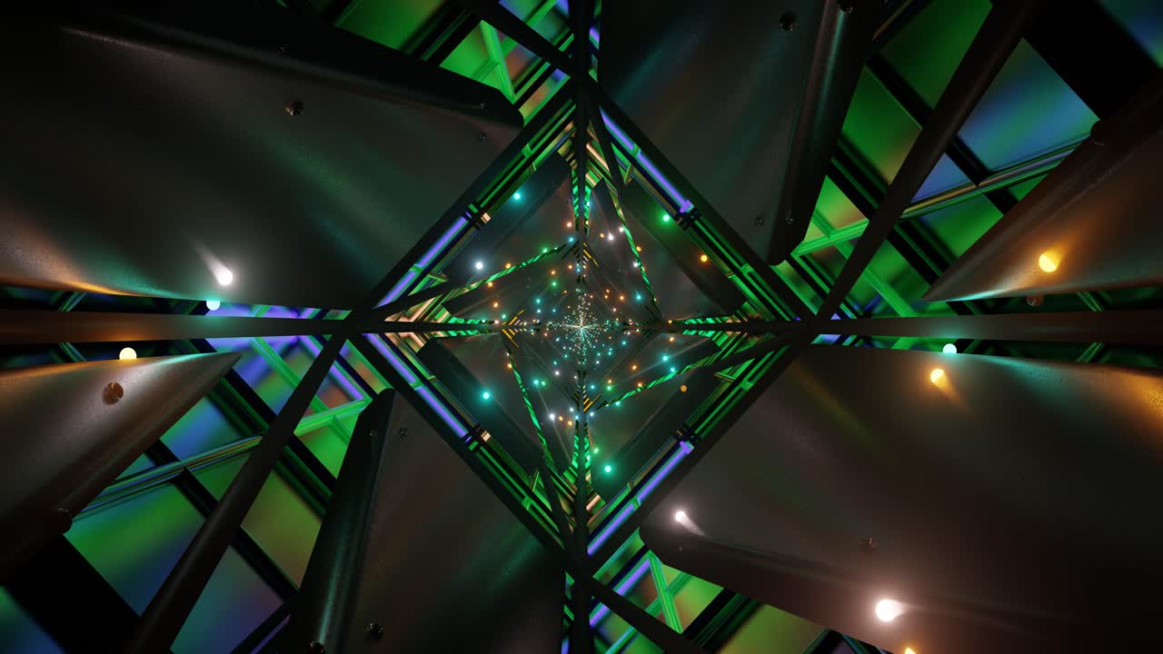 A mesmerizing display of colorful lights creating a seamless loop, forming an intricate geometric pattern that draws the viewer s eye toward the center. The ambiance is both dynamic and captivating