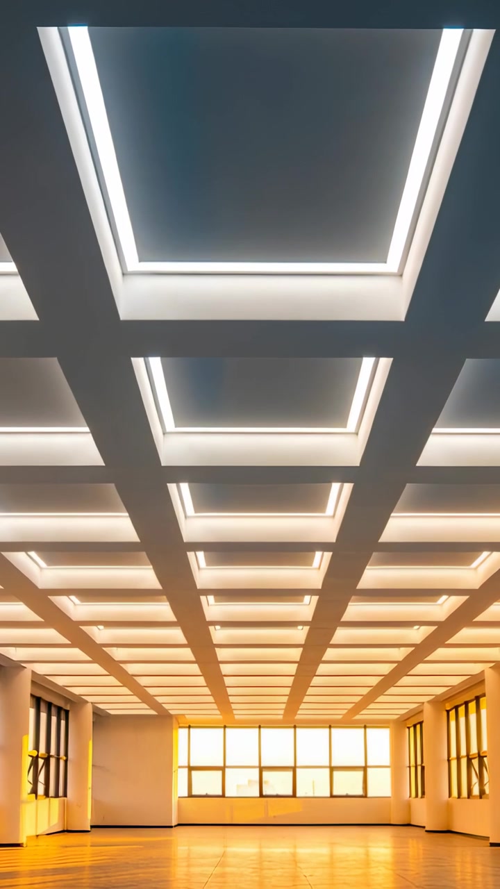 Video verticale: La telecamera si inclina e si allontana sopra una griglia del soffitto in uno studio, rivelando LED e finestre.