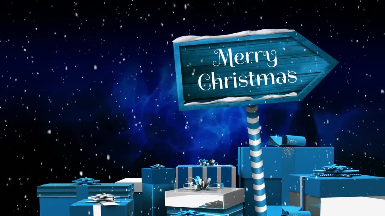 나무 표지판 에 쓰여진 메리 크리스마스 와 눈 이 내리는 것