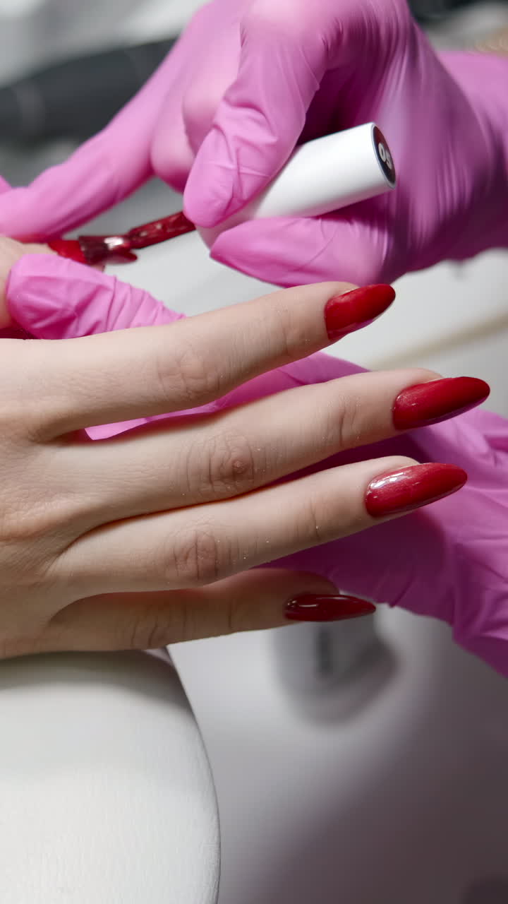 Close-up of Manicurist Applying Red Nail Polish to Woman's Nails