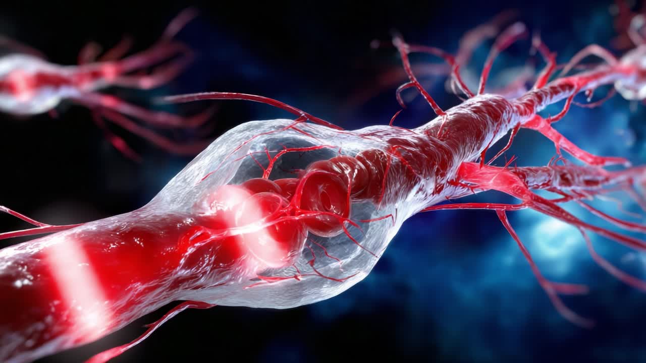 Detailed Visualization of Neural Pathways Showing Blood Flow Through Red Capillaries, Highlighting Their Structure and Function in the Human Circulatory System