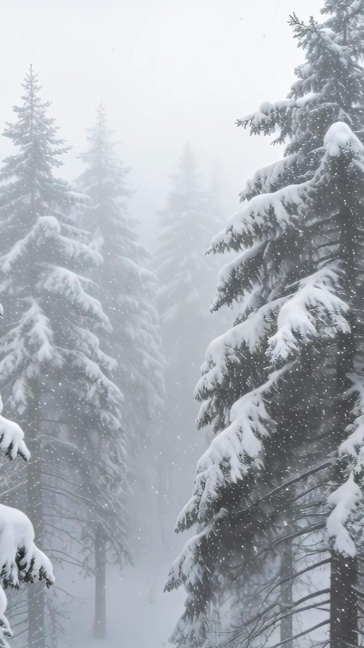 Video verticale: Mostra un'alta pineta nel bosco che perde neve, mentre fiocchi soffici cadono e la nebbia si alza.