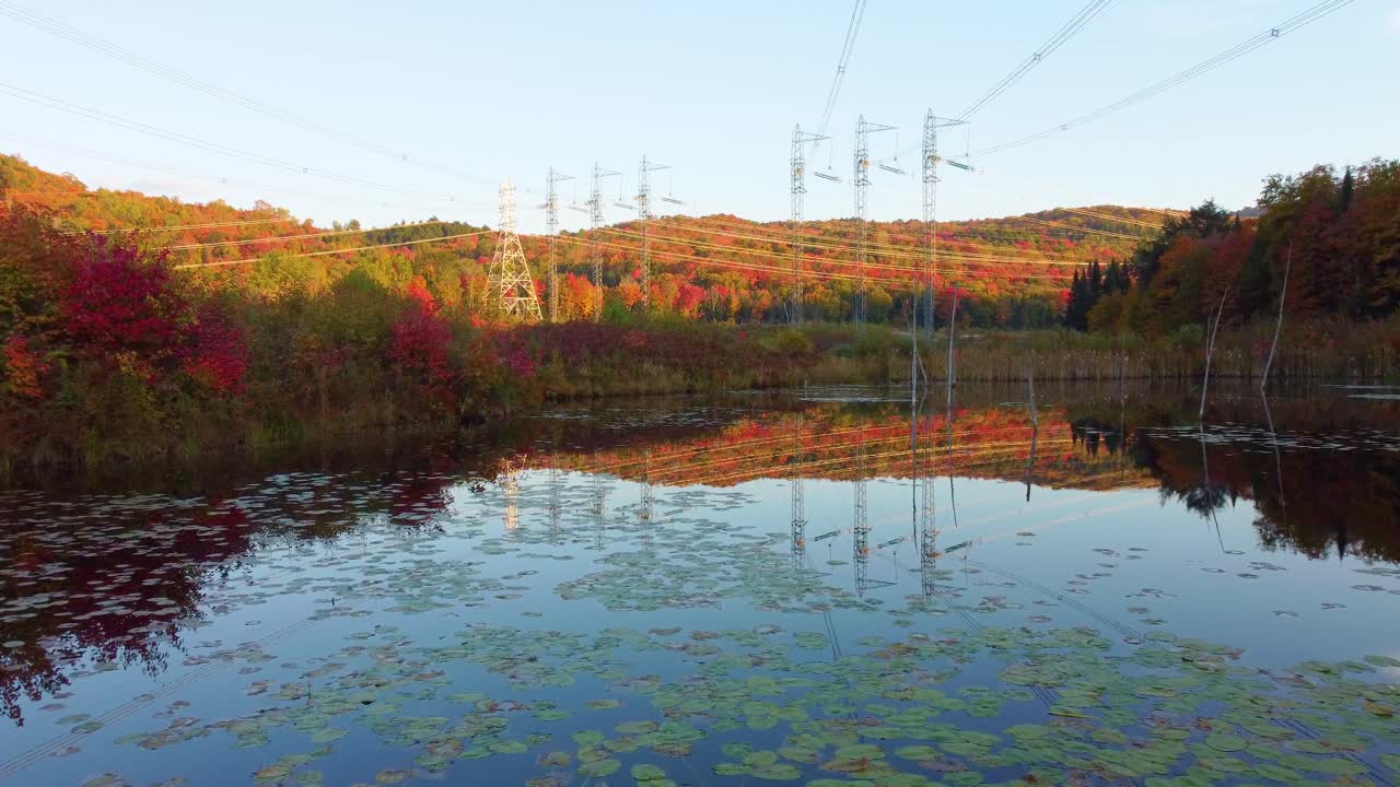Low flying drone shot passing over the still surface water of a pond with a beautiful reflection of the surrounding mountains, Montr&eacute;al, Canada