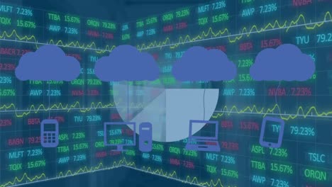 Animation-of-clouds-with-media-icons-and-data-processing-on-blue-background