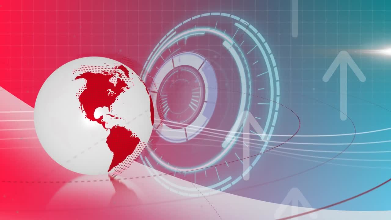 animación del globo, las flechas y el círculo de procesamiento sobre fondo rojo y azul