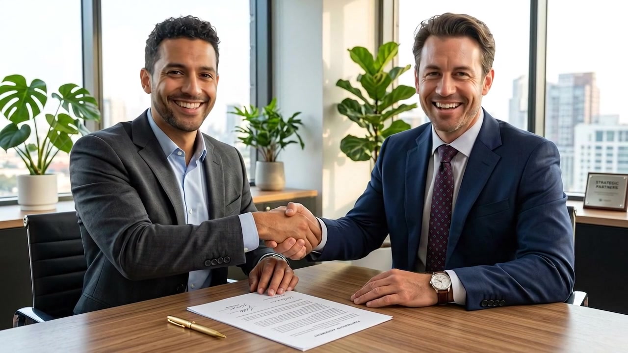 Profesionales corporativos dándose la mano después de un acuerdo comercial exitoso.