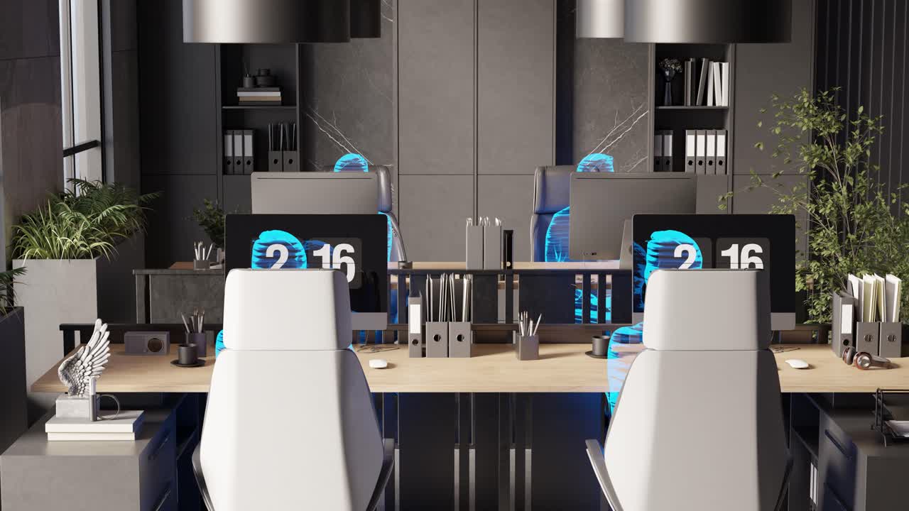 Moderne arbejdsplads med menneskelige hologrammer siddende på stole, AI-koncept. 3D-render