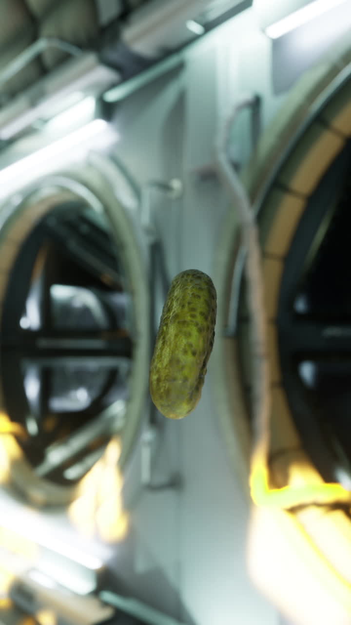 Cucumber floats in a high tech spaceship interior