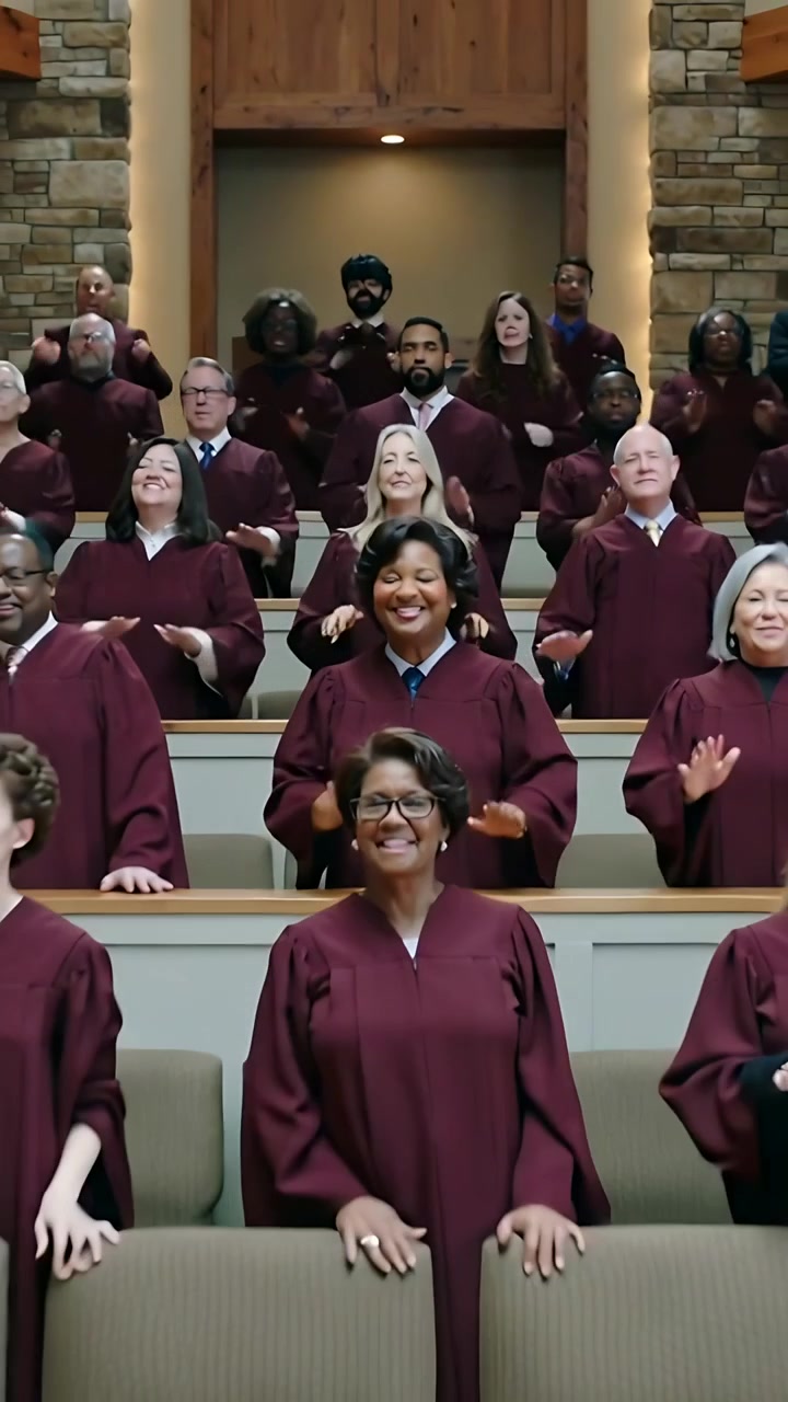 Vertical video: Camera pulling back revealing choir lead singing at church, maroon robes blue tie