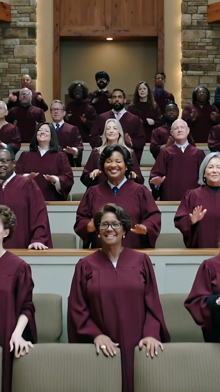 Vertical video: Camera pulling back revealing choir lead singing at church, maroon robes blue tie