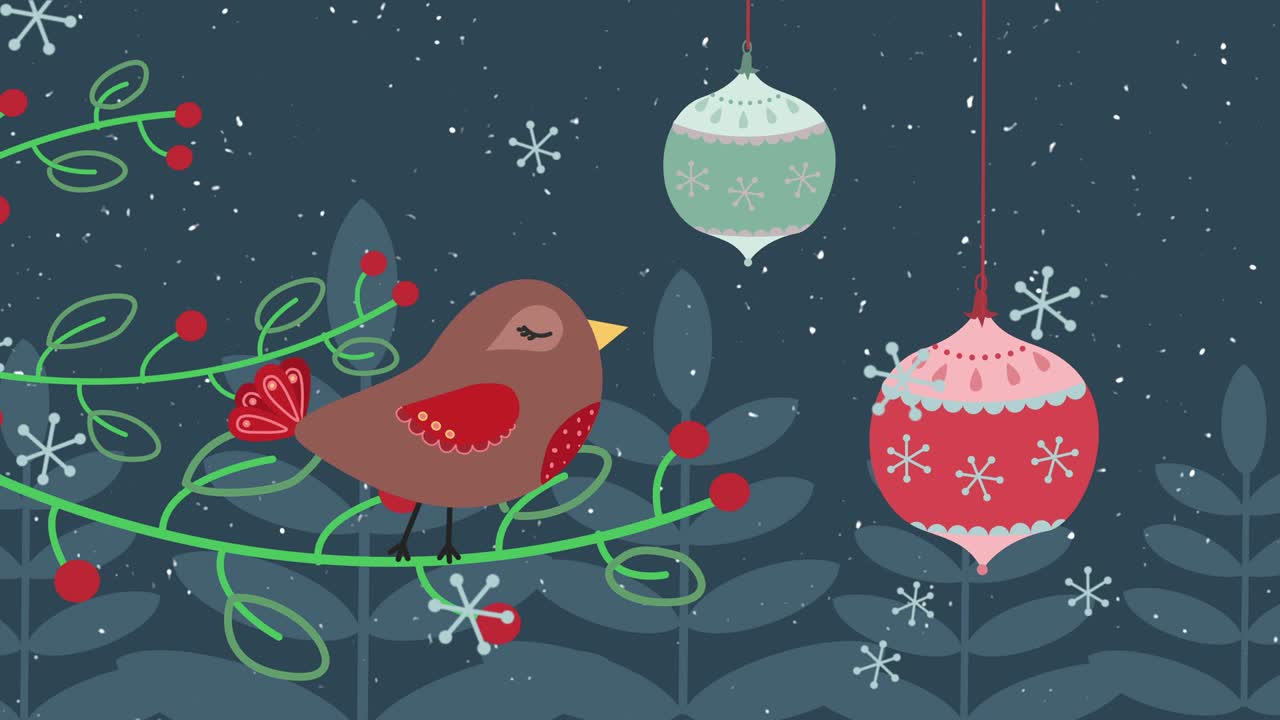 크리스마스 장식품과 눈송이가 떨어지는 크리스마스 가지에 움직이는 새의 애니메이션