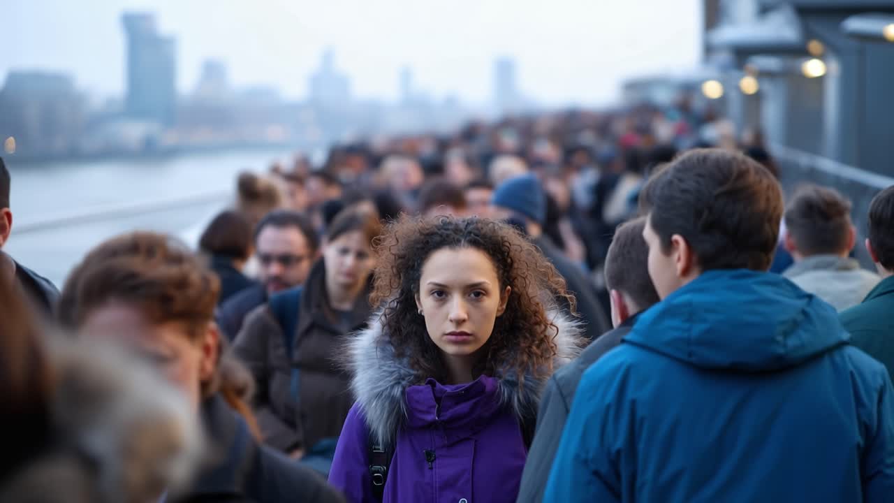 Pendolari affollati camminano nella luce dell'alba urbana. I volti mostrano stanchezza, concentrazione e tranquilla determinazione. Lo skyline della città incombe dietro di loro con tonalità tenui e fredde. Ideale per la vita urbana, l'ora di punta.
