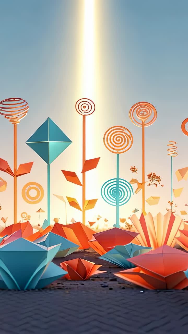 Vertical video: Emerging on frame opening origami bowl and rose bloom in open field, completing set