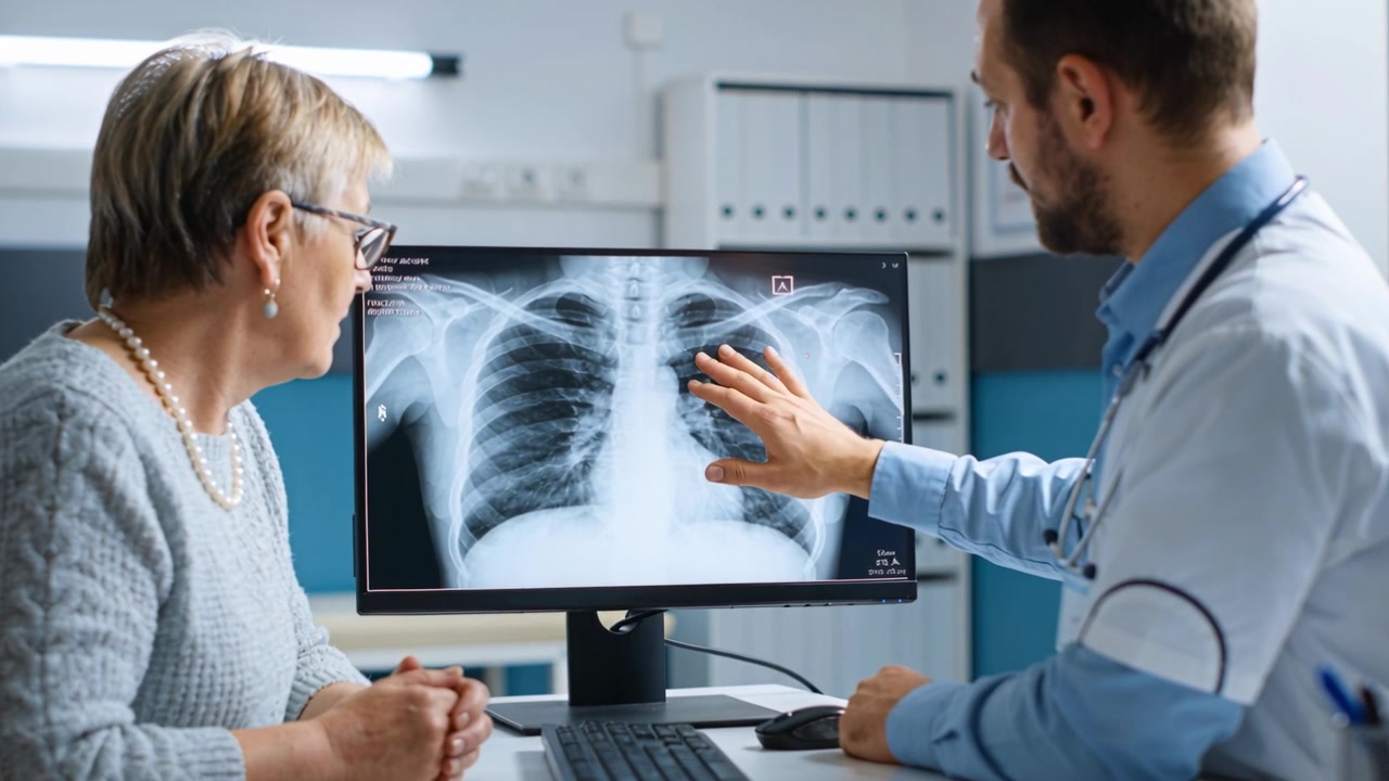 Pointing clinician in coat, stethoscope tapping chest X-ray on monitor at clinic, patient listening