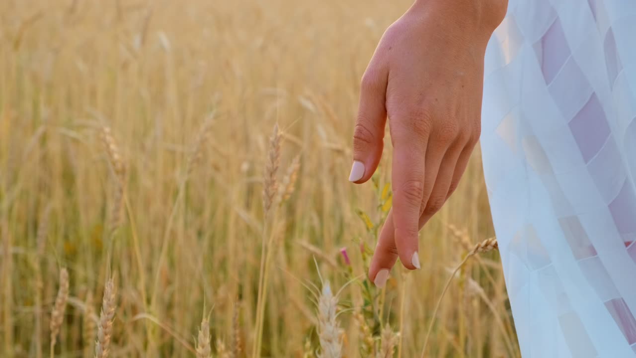 mujer en un campo de trigo al atardecer