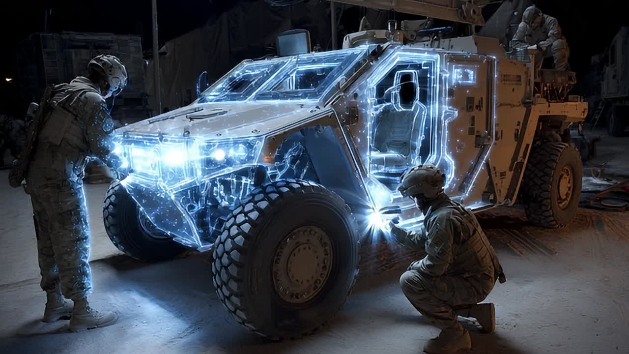 Personale militare al lavoro su tecnologie avanzate per veicoli di notte