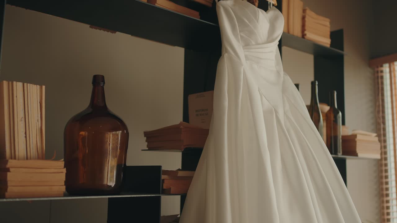 Elegant wedding gown displayed beside shelves with books and bottles