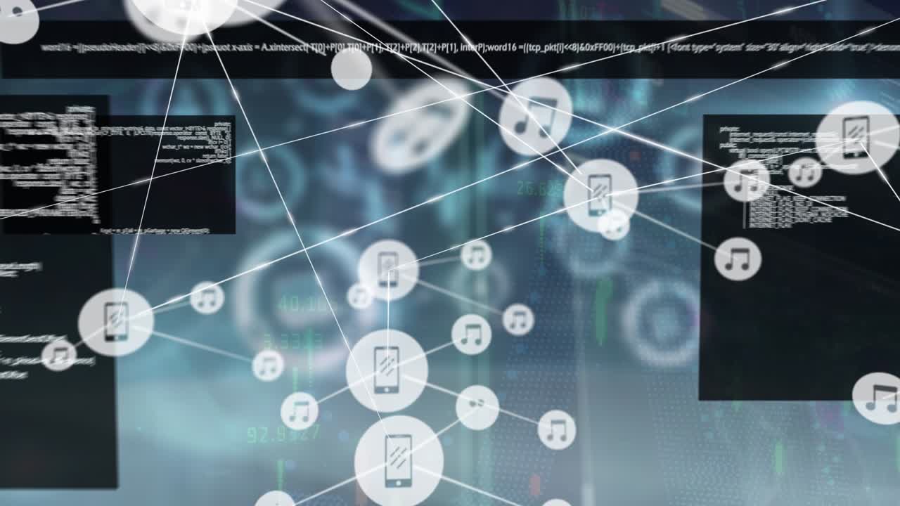 Animation of network of connections with icons over data processing