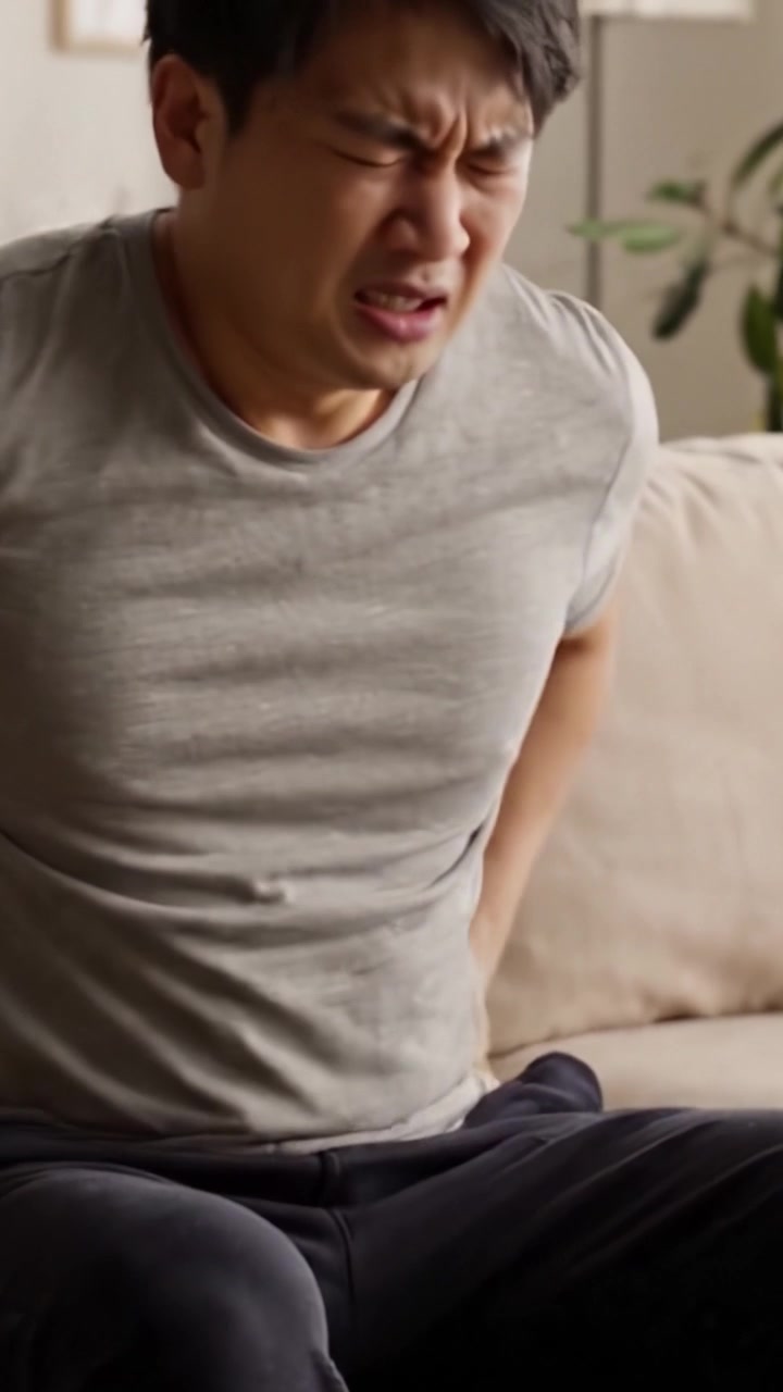 Expressing Pain and Discomfort: A Man's Struggle with Back Pain While Sitting on a Couch