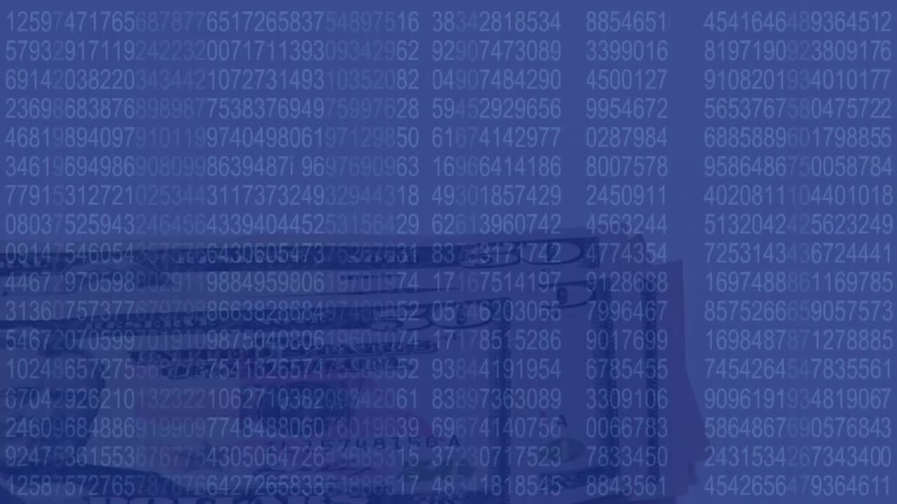 Animation of financial data processing over person counting american dollar bills