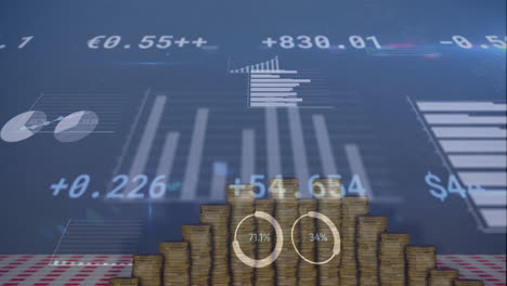 animation of digital data processing over stacks of coins