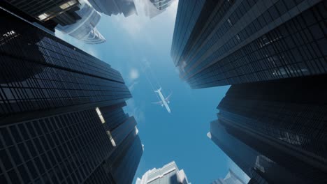 airplane flying above office building with beautiful sky. low angle view of the glass mirrored buildings, view barrel roll