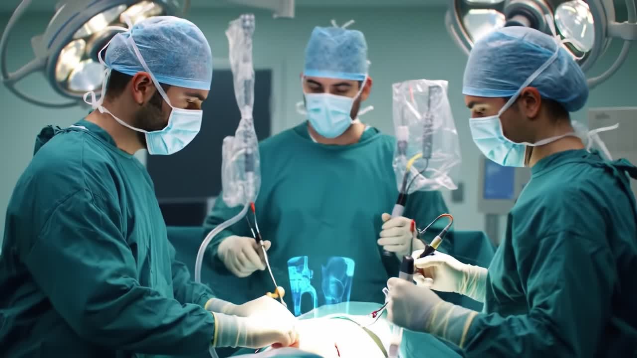Multiple Surgeons Collaborating in an Operating Room, Dressed in Surgical Attire, Wearing Face Masks and Caps, Engaged in a Procedure with Medical Instruments