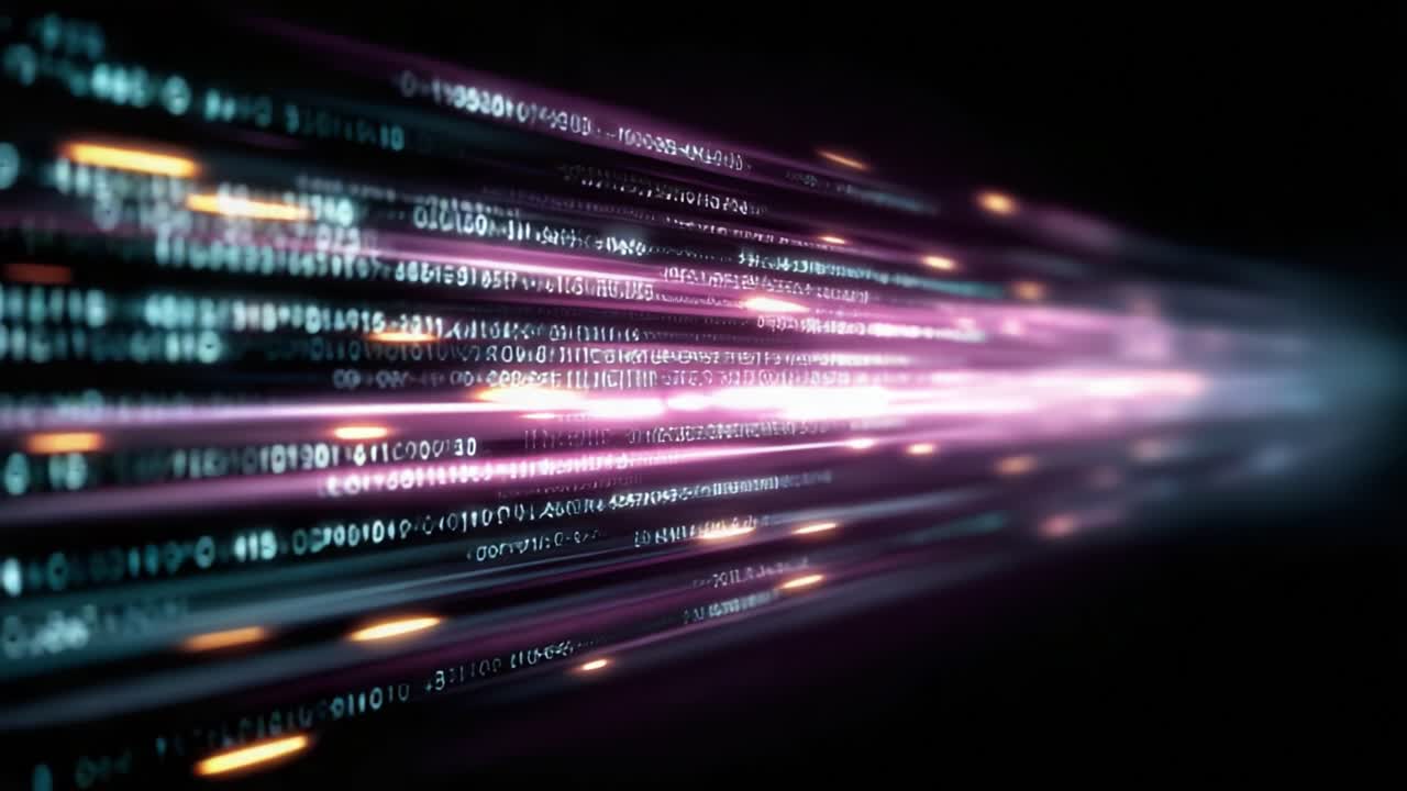A Captivating Visualization of Data Streams: A Dynamic Journey through Binary Code and Light Reflection, Representing the Convergence of Technology and Information