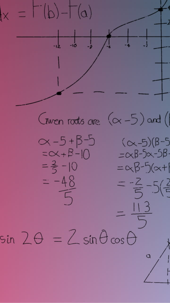 animación de fórmulas matemáticas escritas a mano sobre un fondo azul a rosa