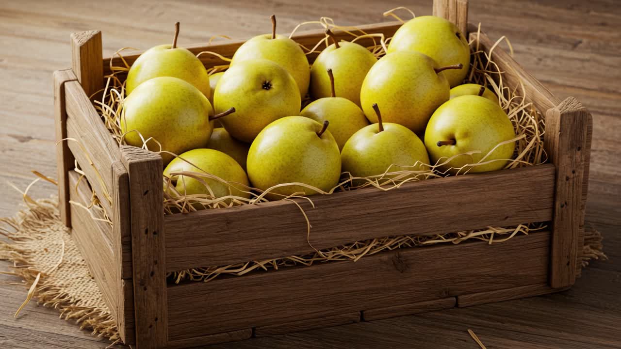 A Beautiful Arrangement of Fresh, Juicy Pears Nestled in a Rustic Wooden Crate for a Delightful Display of Nature's Bounty