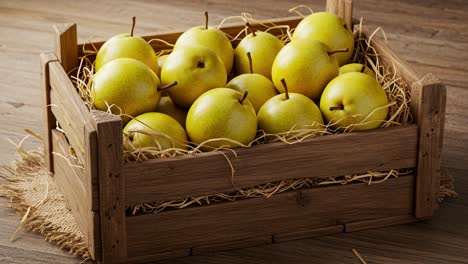 a beautiful arrangement of fresh, juicy pears nestled in a rustic wooden crate for a delightful display of nature's bounty