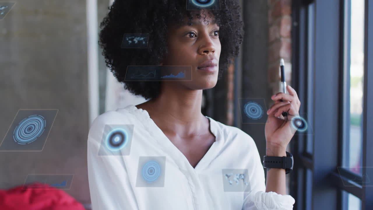 Holding pen, thoughtful person with digital interface elements in animation