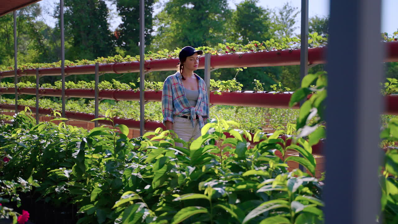 딸기 수확 농장에서 일하는 여성