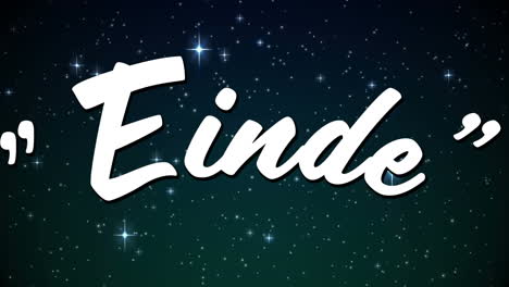 animation of eind text over glowing stars moving on black background