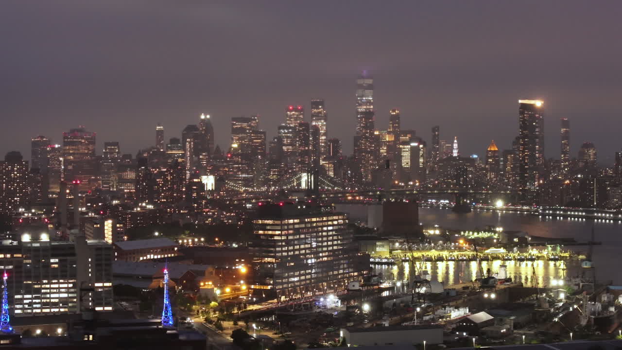 Aerial view of Lower Manhattan on a rainy night