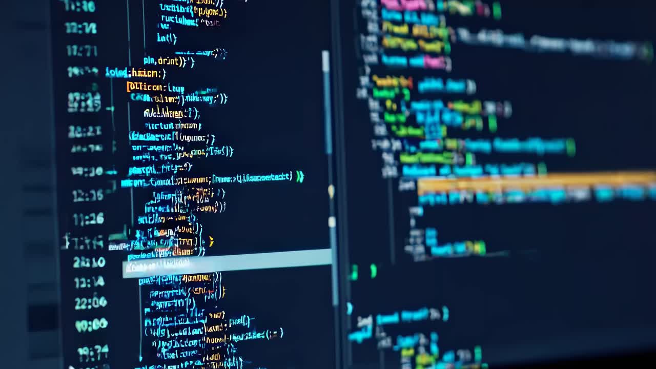 Video af farverig kode på en computerskærm i nærbillede, optaget fra en sideengel