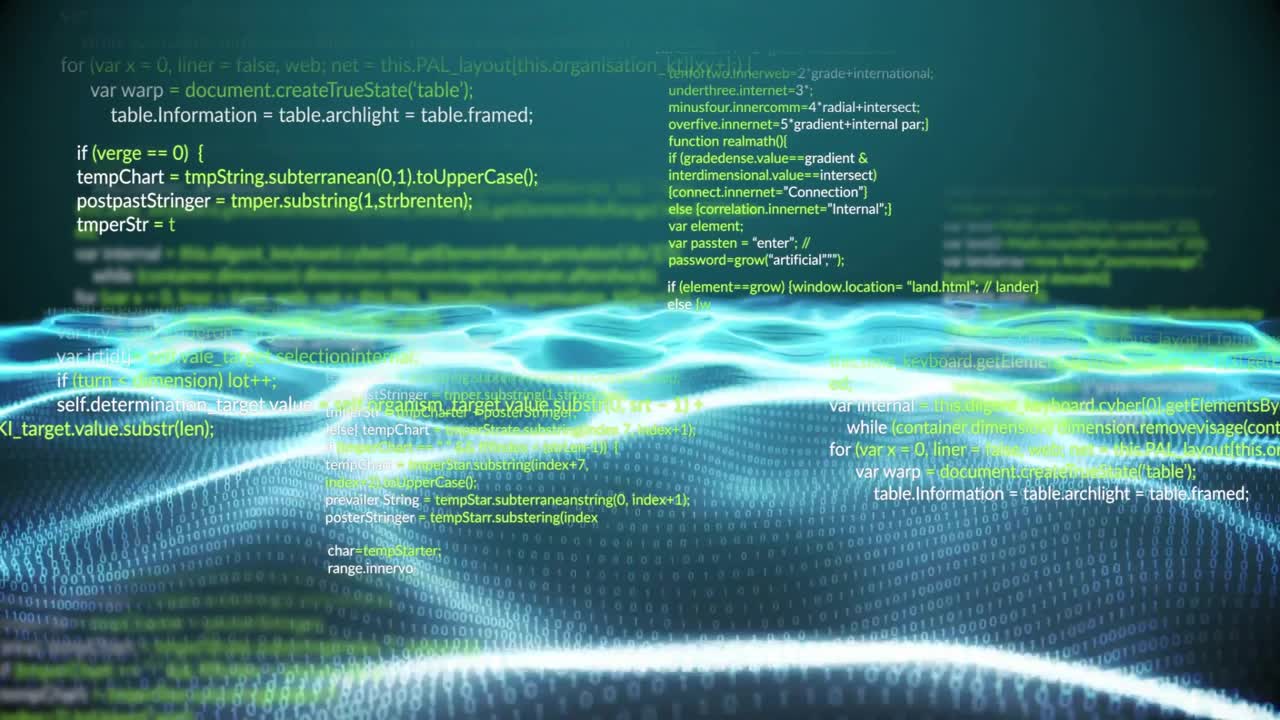 Calm ripple starting glowing digital wave animation on teal grid, showing scrolling code snippets