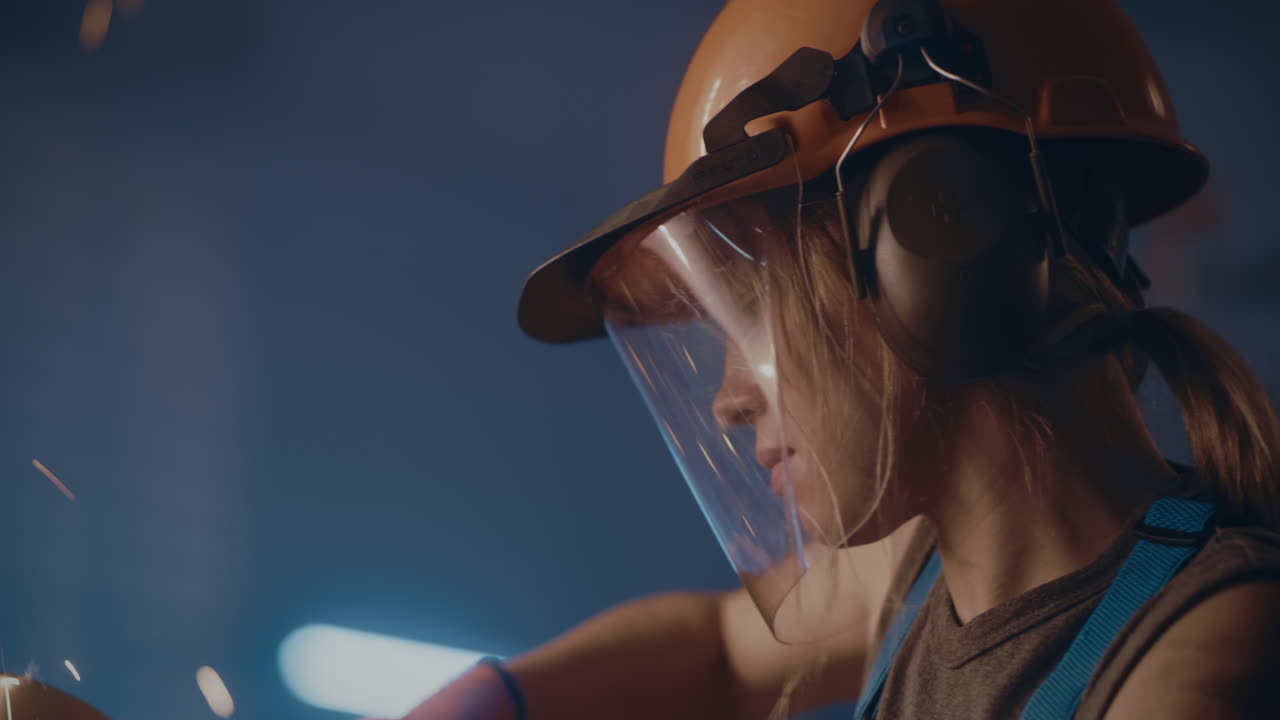 Woman Concentrated on Woodworking Task with Safety Gear
