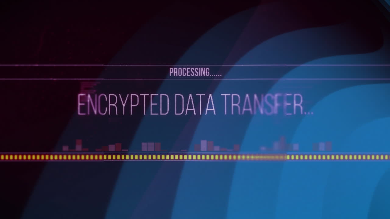 파란색 곡선 위에 암호화된 데이터 전송 텍스트의 애니메이션