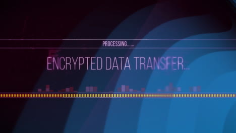 animation of encrypted data transfer text over blue curves